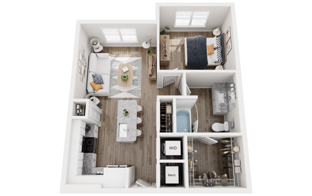 a1 - 1 bedroom floorplan layout with 1 bathroom and 678 square feet (3D) a1 - 1 bedroom floorplan layout with 1 bathroom and 678 square feet (3D)