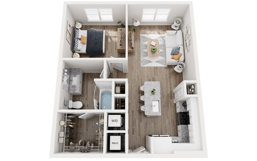 a1-alt - 1 bedroom floorplan layout with 1 bathroom and 705 square feet (3D) a1-alt - 1 bedroom floorplan layout with 1 bathroom and 705 square feet (3D)