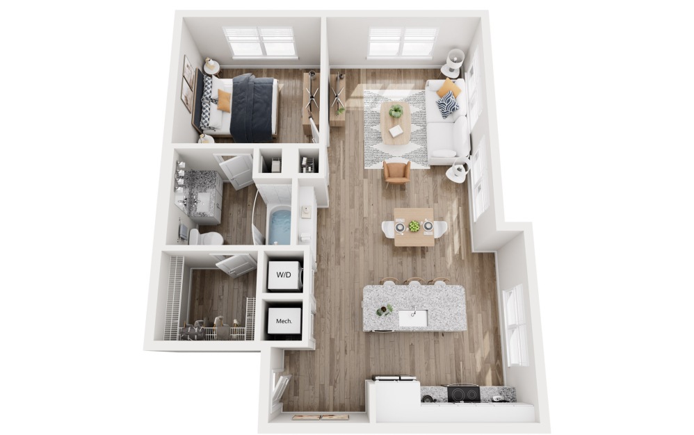 a3 - 1 bedroom floorplan layout with 1 bathroom and 786 square feet (3D) a3 - 1 bedroom floorplan layout with 1 bathroom and 786 square feet (3D)