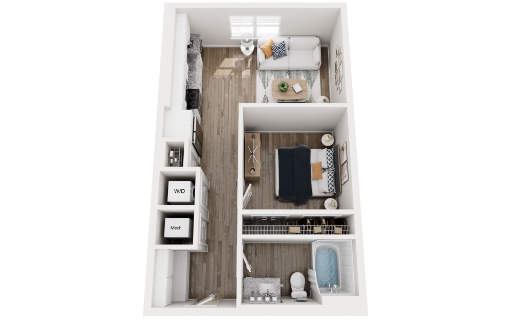 s1 - 1 bedroom floorplan layout with 1 bathroom and 589 square feet (3D)